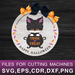 trick or treat | halloween round sign svg with black cat