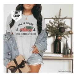farm fresh christmas trees truck shirt, christmas shirt, christmas family, red truck shirt, christmas truck family shirt