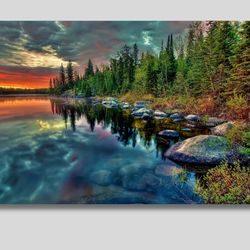 Landscape Poster Lake Surrounded by Forest on Sunset Canvas Wall Art, Lake Surrounded by Forest for Home & Office Decora