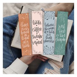set of 4 printable bookmarks| digital bookmarks | book lovers gift | hand lettered bookmarks | just one more chapter | b