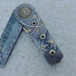 Hand forged Damascus pocket knife, Engraved knife, birthday gift, groomsmen gifts,