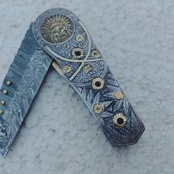 hand forged damascus pocket knife, engraved knife, birthday gift, groomsmen gifts,