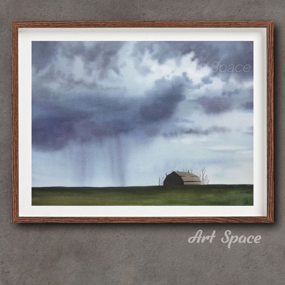 cloud- rain - house in the field - meadow - minimalism- gray painting - watercolor painting- 2.jpg