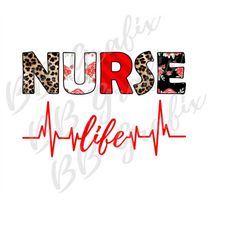 digital png file - nurse life - leopard cheetah print - floral - black & red - sublimation design - instant download
