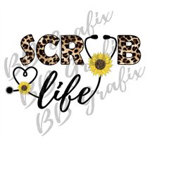 digital png file scrub life sunflower leopard cheetah print nurse stethoscope clip art sublimation design dtg printable