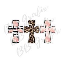 Digital Png File - Cross Trio - Black Stripes, Blush floral, Leopard Cheetah - Easter Spring Spiritual Sublimation Desig