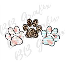 digital png file - paw print trio - blush floral, leopard cheetah, stripes animal cat dog clip art sublimation design -