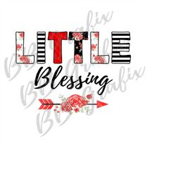 Digital Png File - Little Blessing - Floral - Stripes - Red & Black - Kids Baby Sublimation Design - DTG Printable - INS