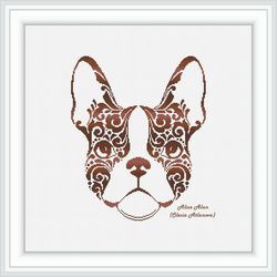 Cross stitch pattern Dog French bulldog silhouette floral ornament monochrome brown animal pet counted crossstitch PDF
