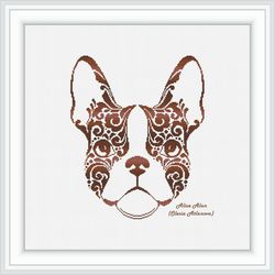 cross stitch pattern dog french bulldog silhouette floral ornament monochrome brown animal pet counted crossstitch pdf