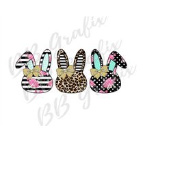 digital png file bunny head face trio bow pink floral, leopard cheetah, stripes dots easter clip art sublimation design