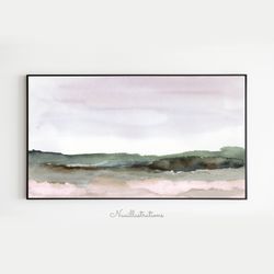 Samsung Frame TV Art Green Field and Sky Landscape Watercolor, Abstract Minimalist Downloadable, Digital Download Art