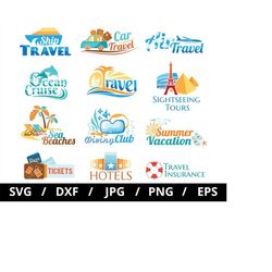 travel time logo sets illustration svg, ship travel, car travel, air travel, summer time, travel labels design elements