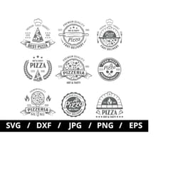 pizzeria logo sets collection illustration svg, pizza hot and tasty, pizza menu, pizza fast food delivery emblems icon s