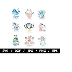 cartoon animals icon sets illustration svg, whale elephant, lion, giraffe, cute animals svg, toy shop emblems icon badge