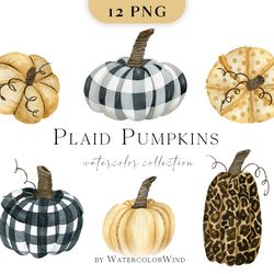 Checkered Fall Pumpkin Clipart, Plaid And Leopard Pumpkins Watercolor Clip Art