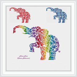 Cross stitch pattern Elephant silhouette floral ornament rainbow monochrome animal counted crossstitch patterns PDF