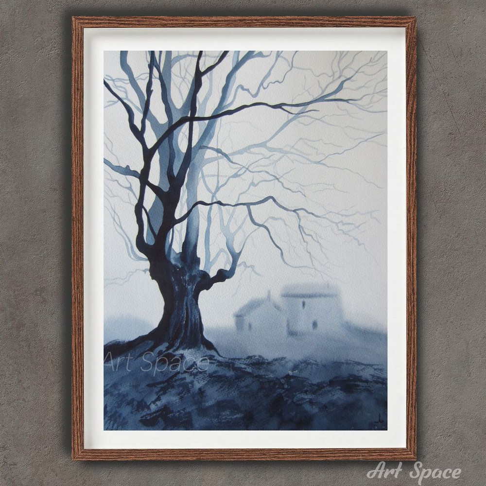 tree-monochrome-blue painting foggy landscape-house in fog - minimalism- gray painting - watercolor painting- 2.jpg
