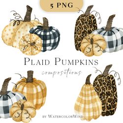 Fall plaid pumpkin compositions sublimation designs, checkered and leopard pumpkin png clipart