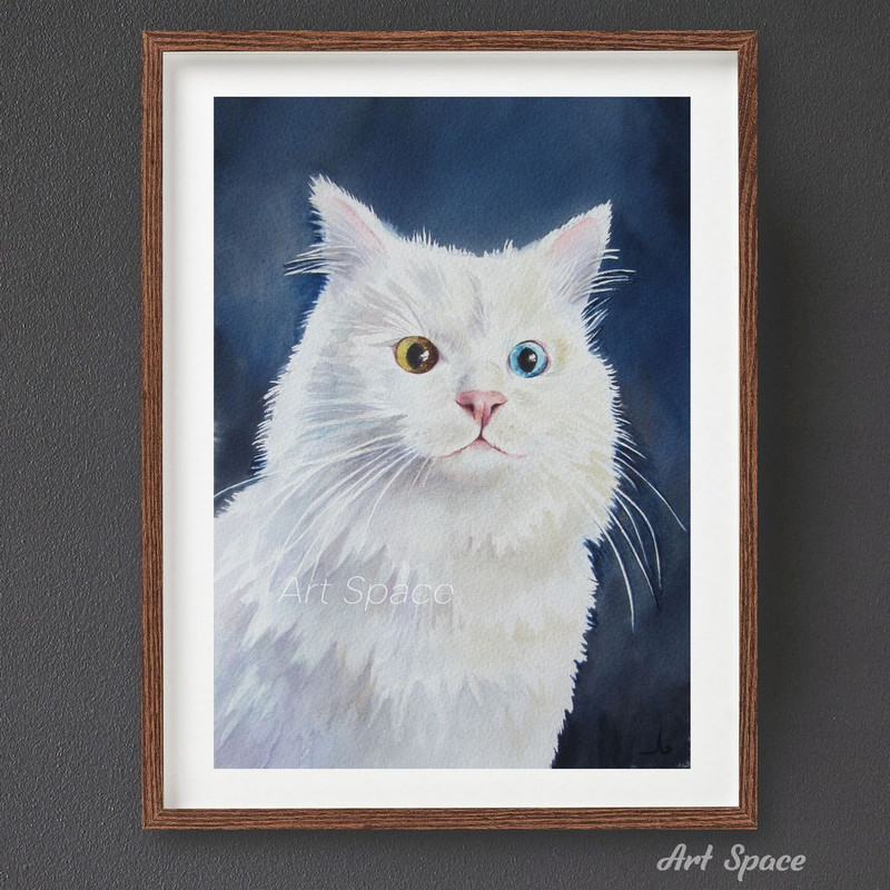 cat- turkish cat -van cat- white cat-animal- green yellow eyes- different eyes-blue painting-watercolor painting-2.jpg