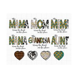 bundle this mama wears her heart on her sleeve png, cowhide sunflower mama, cowhide mama print shirt, cowhide heart clip