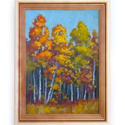 Oil pastel painting Autumn country landscape art Small painting