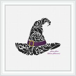 Cross stitch pattern Hat witch silhouette floral ornament monochrome Halloween holiday sorceress counted crossstitch PDF
