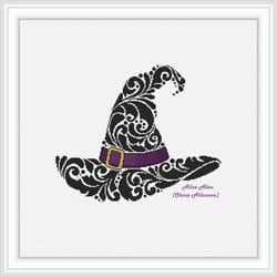 cross stitch pattern hat witch silhouette floral ornament monochrome halloween holiday sorceress counted crossstitch pdf