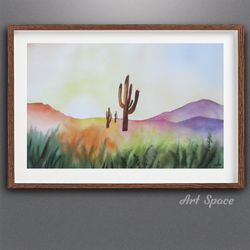 original watercolor painting "cacti" nature - sunrise - best gift, for office, home interior, wall decor, for teenagers