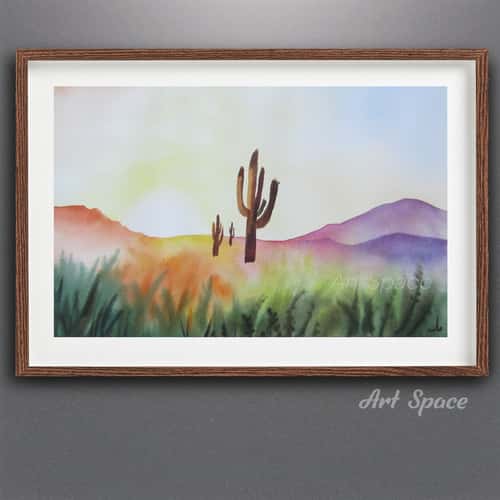 Original watercolor painting "Cacti" nature - sunrise - best gift, for office, home interior, wall decor, for teenagers