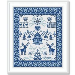 Cross stitch pattern Sampler Christmas tree Deer Snowflakes holiday Winter New year panel monochrome counted crossstitch