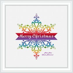 Inscription Merry Christmas Snowflake Cross stitch pattern rainbow holiday winter colorful counted crossstitch patterns