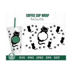 Cat Coffee Cup Wrap Svg, Cat Whiskers and Tail Frame Coffee Cup Wrap Svg, DIY Gift for Cat People, Cat Paw Print Coffee