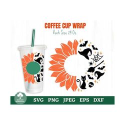 Sunflower Witch Coffee Cup Wrap Svg, Witch Coffee Cup Svg, Halloween Coffee Cup Svg, Sunflower Halloween Coffee Cup Wrap