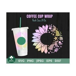 Sunflower Mermaid Tail Coffee Cup Wrap Svg, Mermaid Coffee Cup Svg, Sunflower Coffee Cup Svg, Under the Sea Coffee Cup W