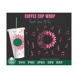 Music Notes Coffee Cold Cup Wrap SVG, Sunflower Music Notes Cold Cup, Sunflower Cold Cup SVG, Full Wrap 24oz Cold Cup Sv