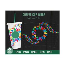 autism sunflower coffee cold cup svg, autism awareness half sunflower svg, autistic coffee cup, puzzle piece coffee cup