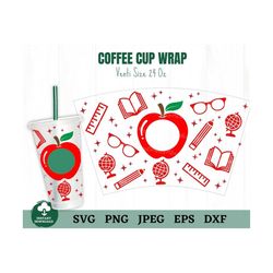 Teacher Coffee Cup Wrap Svg, Apple Teacher Coffee Cup Svg, Apple Coffee Cup Svg, DIY Teacher Day, Pencil, Ruler, Book Co