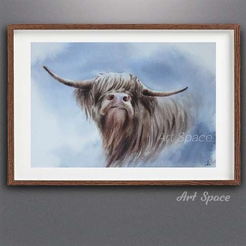 Original watercolor painting "Bull", cow-animal-farm-blue painting-painting for children- pet