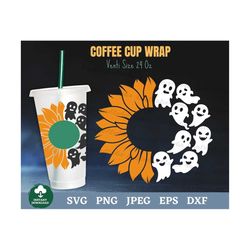 Sunflower Ghost Coffee Cup Wrap Svg, Ghost Halloween Coffee Cup Svg, Half Sunflower Coffee Cup Wrap Svg, Ghost Coffee Cu