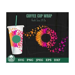 sunflower butterfly coffee cold cup svg, butterfly coffee cup svg, sunflower coffee cup wrap svg, butterfly sunflower co