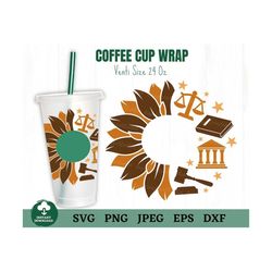 Lawyer Sunflower Coffee Cup Wrap Svg, Lawyer Coffee Cup Svg, Law and Justice Scale Balance Coffee Cup Svg, Sunflower Law