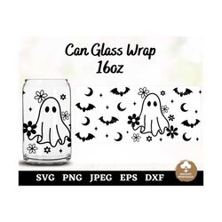 Ghost Flowers Libbey Glass Wrap Svg, Ghost Bat Moon Coffee Glass Can Svg, Halloween Beer Glass Svg, Wild Flower Glass Ca