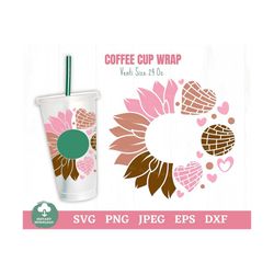 Conchas Sunflower Cafecito y Chisme Coffee Cup Wrap Svg, Conchas Sunflower Coffee Cup Svg, Pan Dulce Coffee Cup Svg, Con