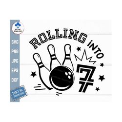 rollin' into 7 svg, 7th birthday bowling svg, rolling into bowling birthday svg, retro bowling birthday svg, 7 years old