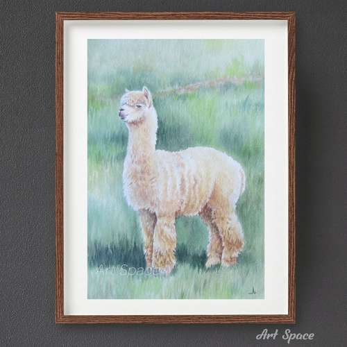 Original watercolor painting "Llama" animal pets - watercolor painting - green painting - painting for children