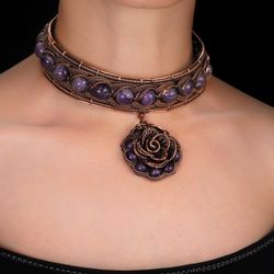 Wire wrapped amethyst choker this rose pendant Collar gemstone necklace Unique flower design Wire wrapped copper jewelry