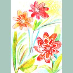 Watercolour red flowers painting sketching art print. Sketch red wildflowers printable file download