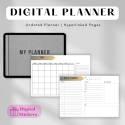 undated digital planner hyperlinked, stickers, goodnotes, for tablets, pdf