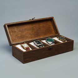 Watch organizer Wooden jewelry box with lid Engraved display case Handcrafted storage Christmas gift for men and women.
